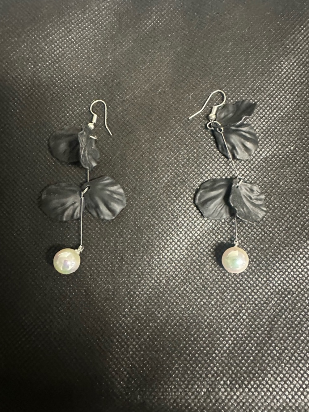 Black Petal Drop Earrings with Pearl Accent